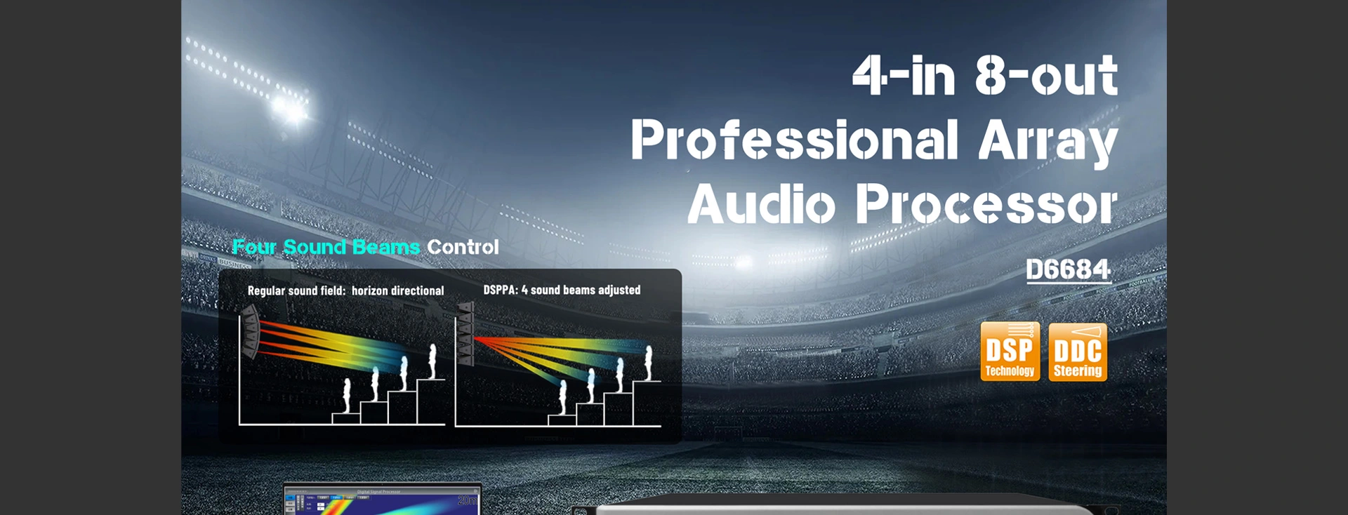 Pemproses Audio Array profesional 4-dalam 8-keluar