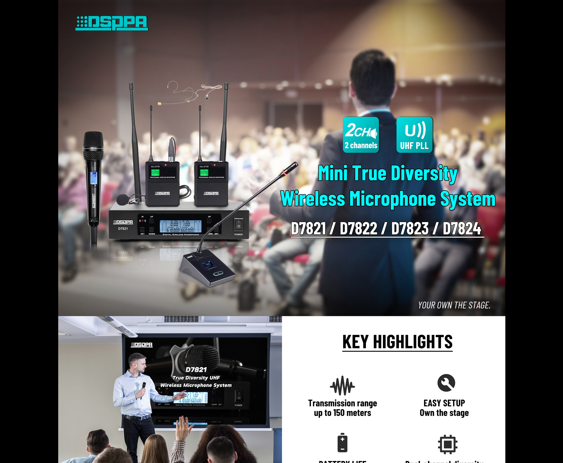 Sistem mikrofon tanpa wayar UHF kepelbagaian sebenar